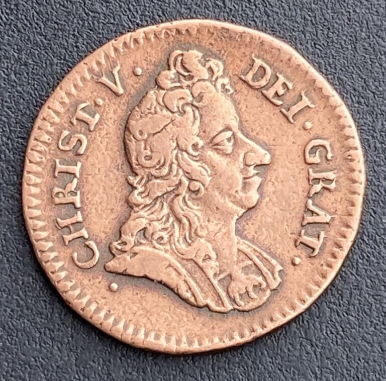 Read more about the article Denmark 1694 1/2 Skilling Coin (cleaned) Christian V Danish Norway Lot H9