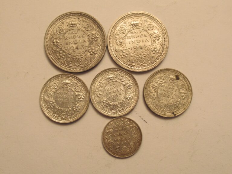 Read more about the article FIVE India Silver Coins  1901 Two Annas  3 1944 1/4 rupee  1943 and 1944 1/2 rupee