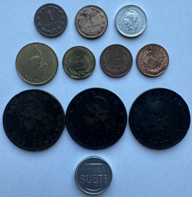 Read more about the article 11PC ARGENTINA COINS CENTAVO 1891 and 1893 2 CENTAVOS and BUENOS AIRES TRANSIT TOKEN