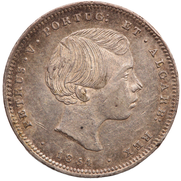 Read more about the article 1854 PORTUGAL PETRUS PEDRO V 200 REIS SILVER COIN (#6574)