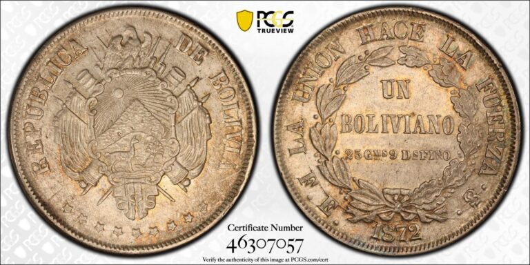 Read more about the article 1872 PTS FE Bolivia 1 Boliviano KM#155.4 PCGS MS62 Mint State BU UNC Graded P…