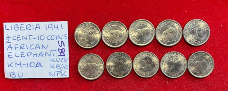 Read more about the article S89 Liberia 10 Coins – 1/2 Cent 1941 African Elephant / Palm Tree KM#10 UNC