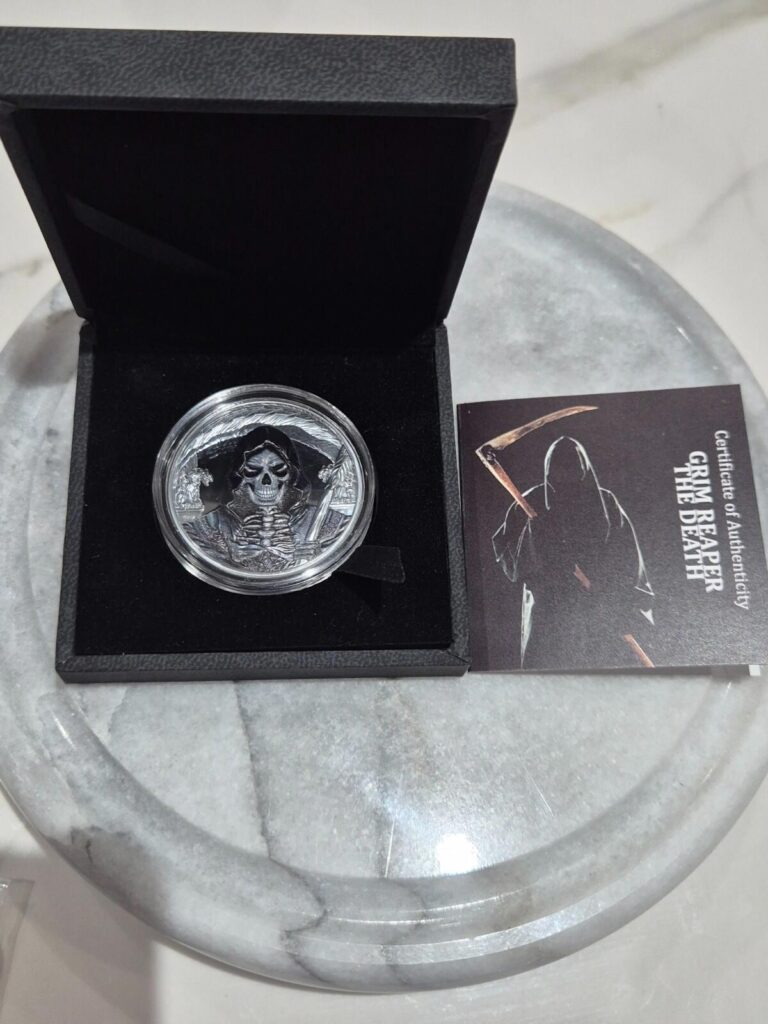 Read more about the article 2018 1 Oz BLACK PROOF Silver 1000 Francs Equatorial Guinea DEAD GRIM REAPER Coin