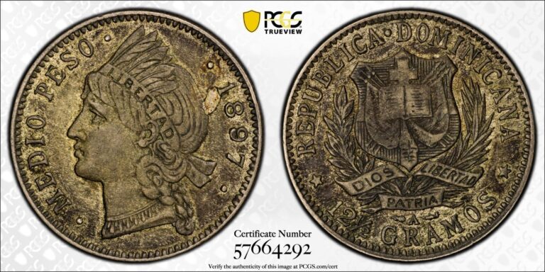 Read more about the article DOMINICAN REPUBLIC 1/2 Peso 1897 A  PCGS XF 40 EF  Deep Tone and Scarce. A4
