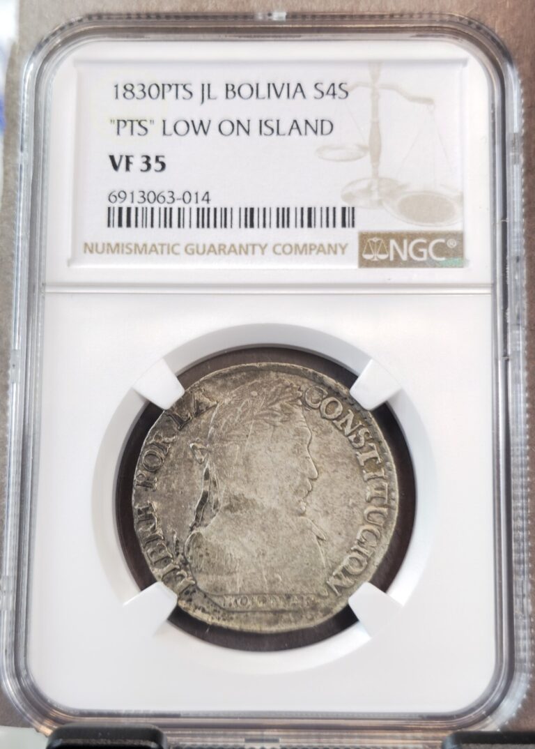 Read more about the article 1830 PTS JL BOLIVIA SILVER 4 SOLES “PTS” LOW ON ISLAND NGC VF 35 RARE VARIETY