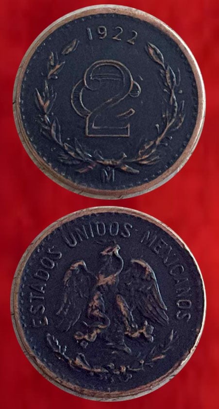 Read more about the article 1922  Mexico 2 Centavos cooper  date key  mint modern used one 1