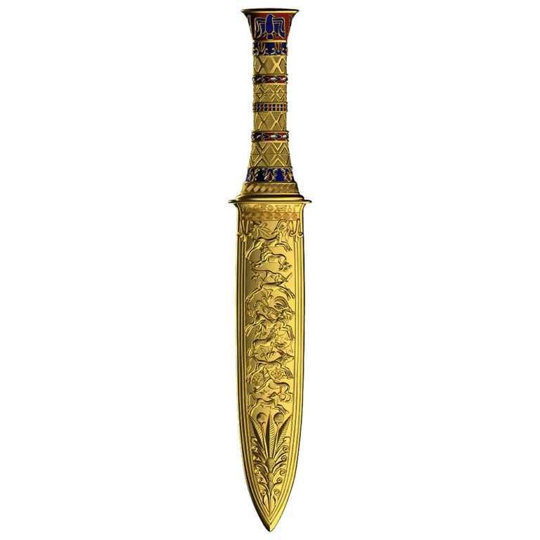 Read more about the article 2025 Samoa King Tutankhamun’s Dagger 2 oz Silver Gilded Shaped Coin