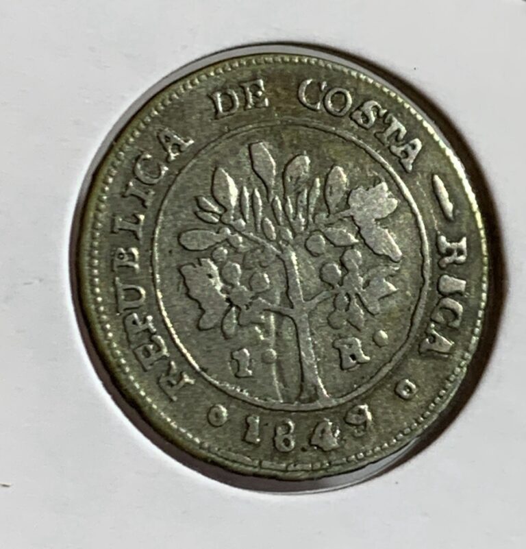 Read more about the article Costa Rica. Republica. Real  1849 JB. Draped woman’s bust facing ¾ right  rev.