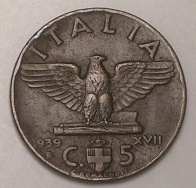 Read more about the article 1939 Italy Italian 5 Centesimi WWII Era Eagle Coin F