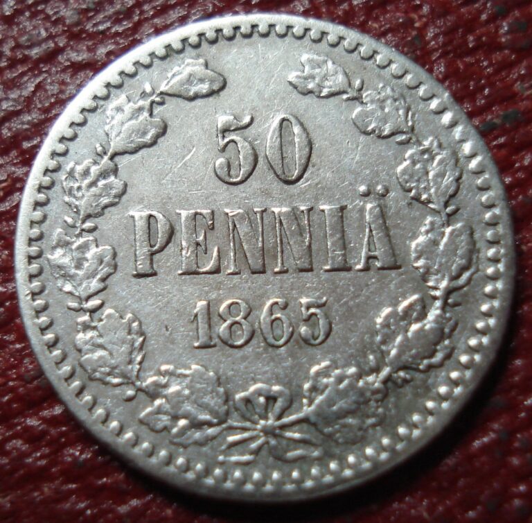 Read more about the article 1865 FINLAND 50 PENNIA IN VG-FINE CONDITION (.750 SILVER)