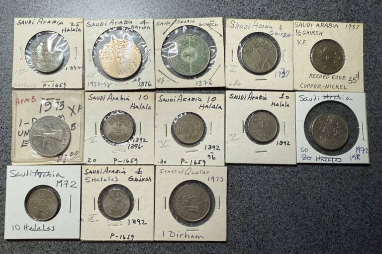 Read more about the article Saudi Arabia and Qatar Coin Lot Halalas Ghirsh Dirham – 13 Coins – Lot #7093