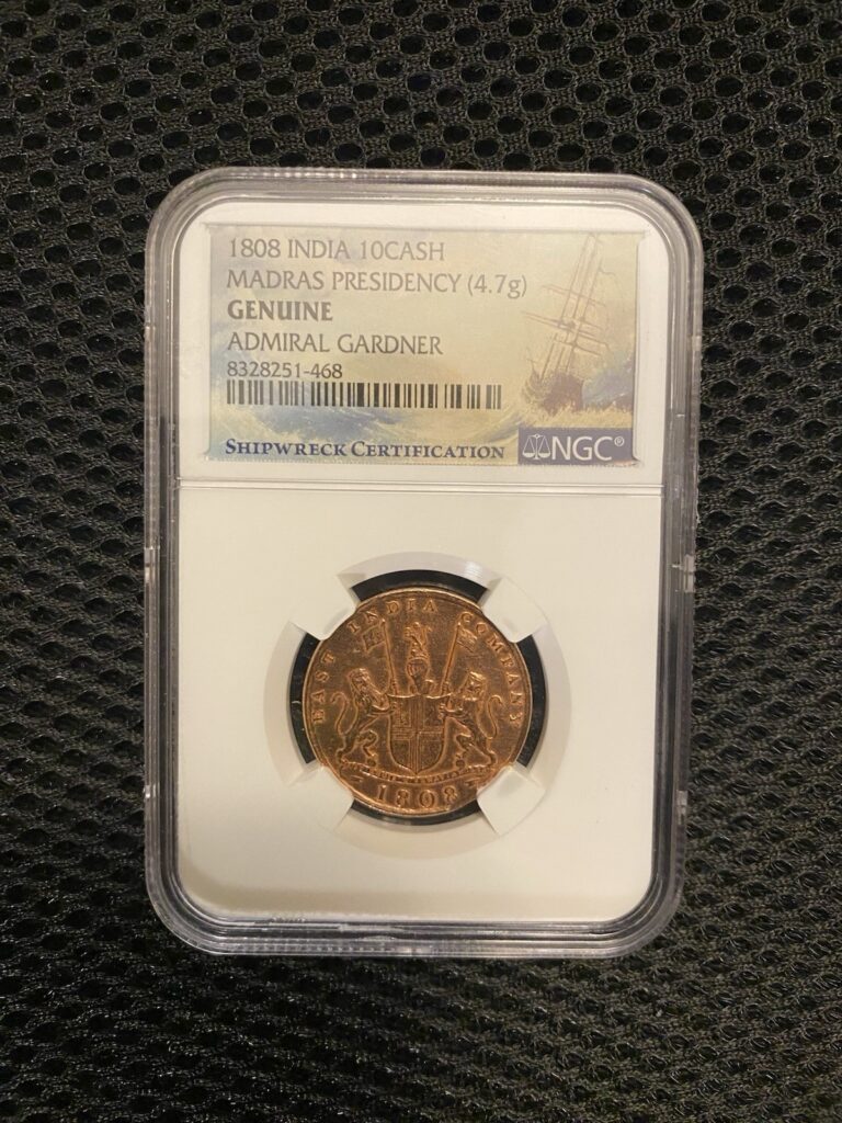 Read more about the article 1808 India 10 Cash Madras Presidency Genuine Admiral Gardner Shipwreck Coin