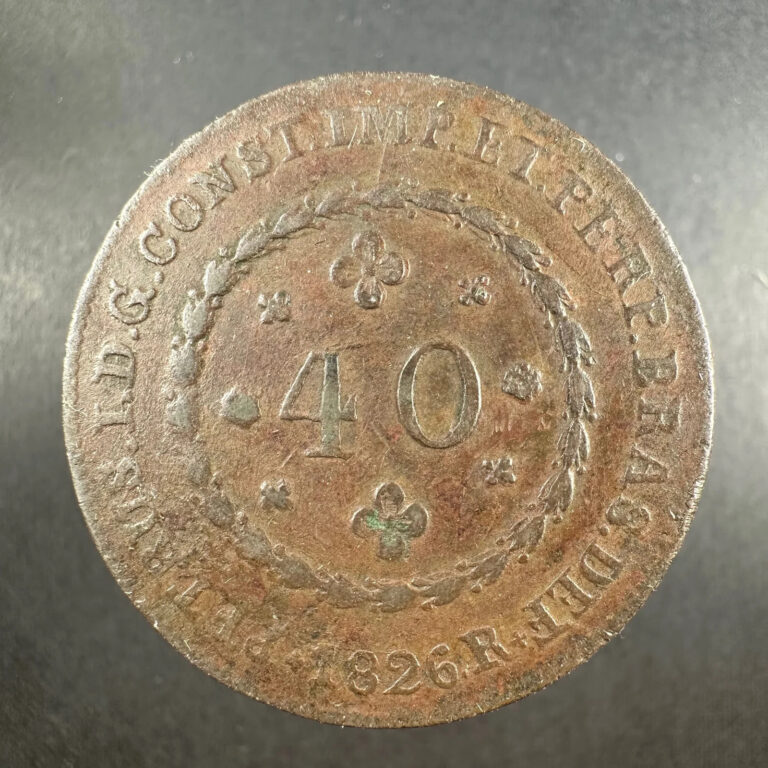 Read more about the article 1826 R Brazil 40 Réis Pedro I Copper Coin
