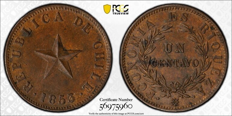 Read more about the article 1853 Chile 1 Centavo Star PCGS MS62 BN Top Pop 1/0 in BN High Grade