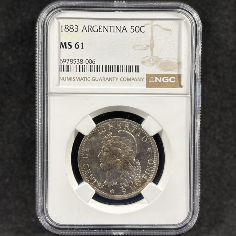 Read more about the article 1883 50c Argentina Libertad Fifty Centavos Uncirculated NGC MS 61