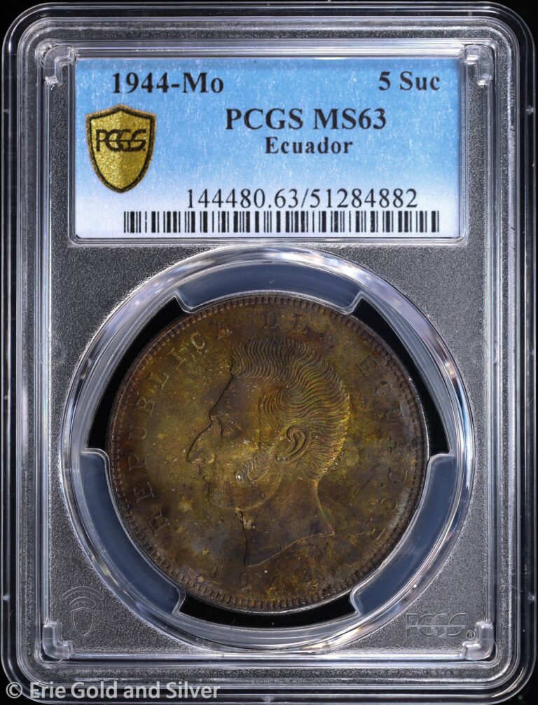 Read more about the article 1944-Mo Ecuador 5 Sucres Coin PCGS MS 63 | Toned UNC BU