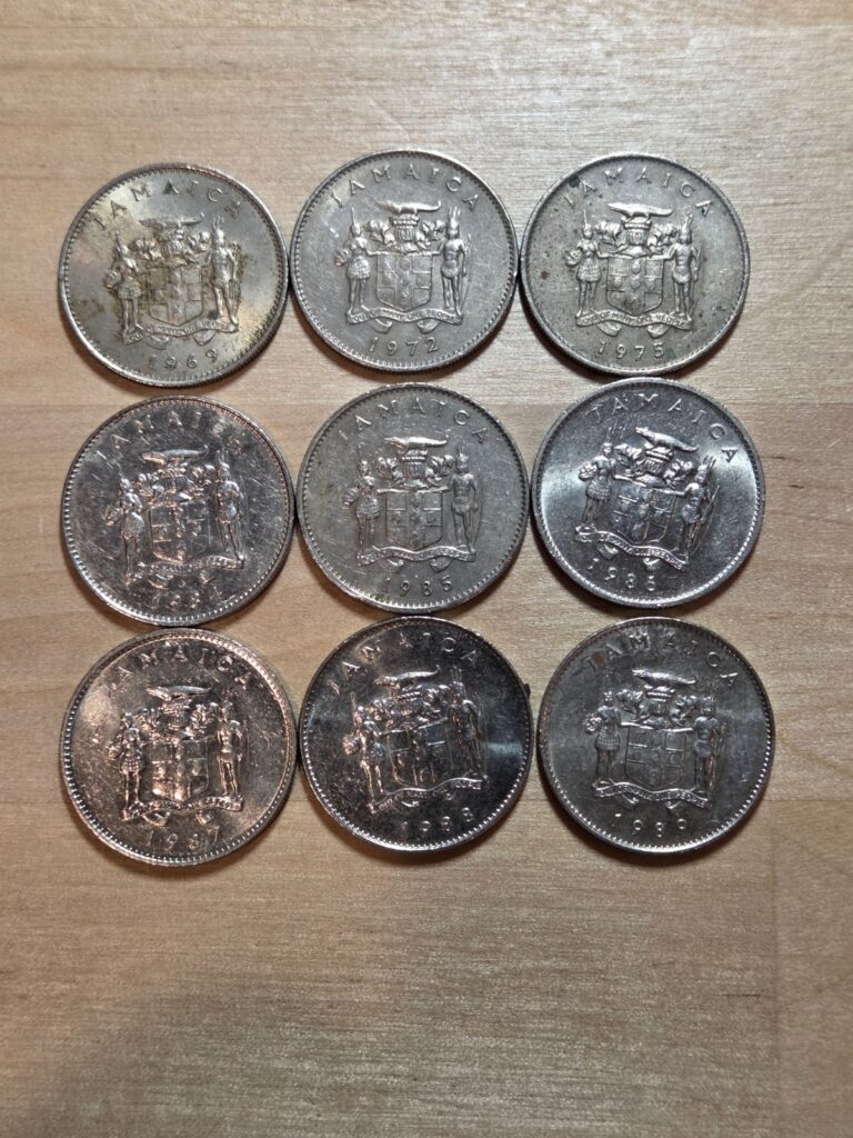 Read more about the article Jamaica 10 cents coins  lot of 9 coins  1969-1989. KM# 47  copper-nickel.