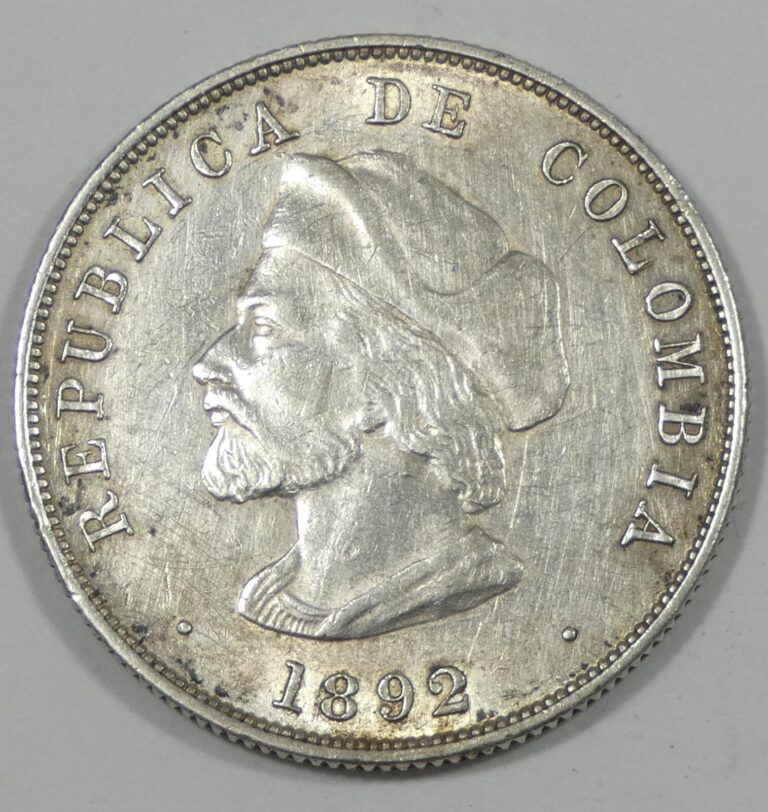 Read more about the article 1892 COLOMBIA 50 Centavos Silver Coin ALMOST UNCIRCULATED ~ Obv Cleaned