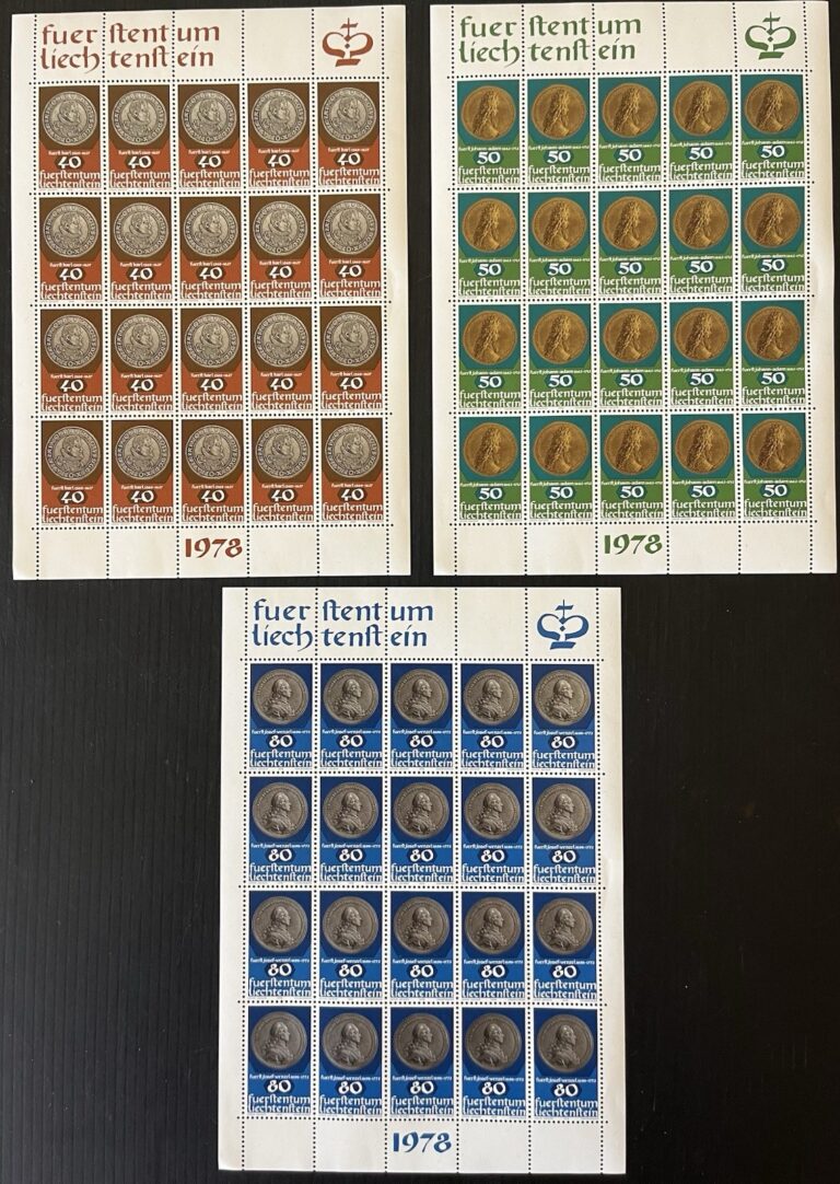 Read more about the article LIECHTENSTEIN 1978 – 3 Mini Sheets – Coins and Medallions  – Complete Set –  MNH