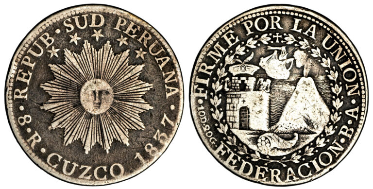 Read more about the article Peru. Republic 1837 CUZCO BA  Silver 8 Reale  Incuse.  26.06 gr.  38 mm KM-170.1