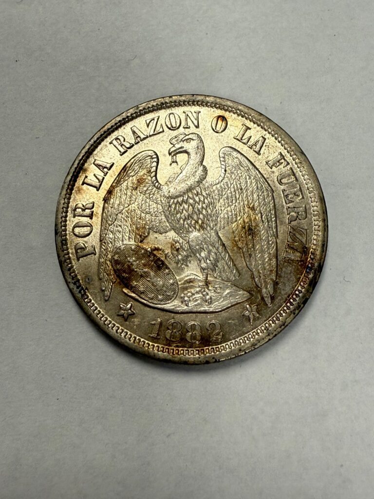 Read more about the article 1882 Republic of Chile Condor with Shield Silver Peso  90% Silver Un Peso Coin