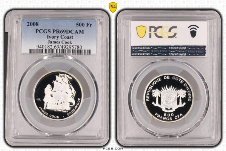 Read more about the article IVORY COAST SILVER PROOF 500 FRANCS COIN 2008 KM#52 ENDEAVOUR SHIP PCGS PR69