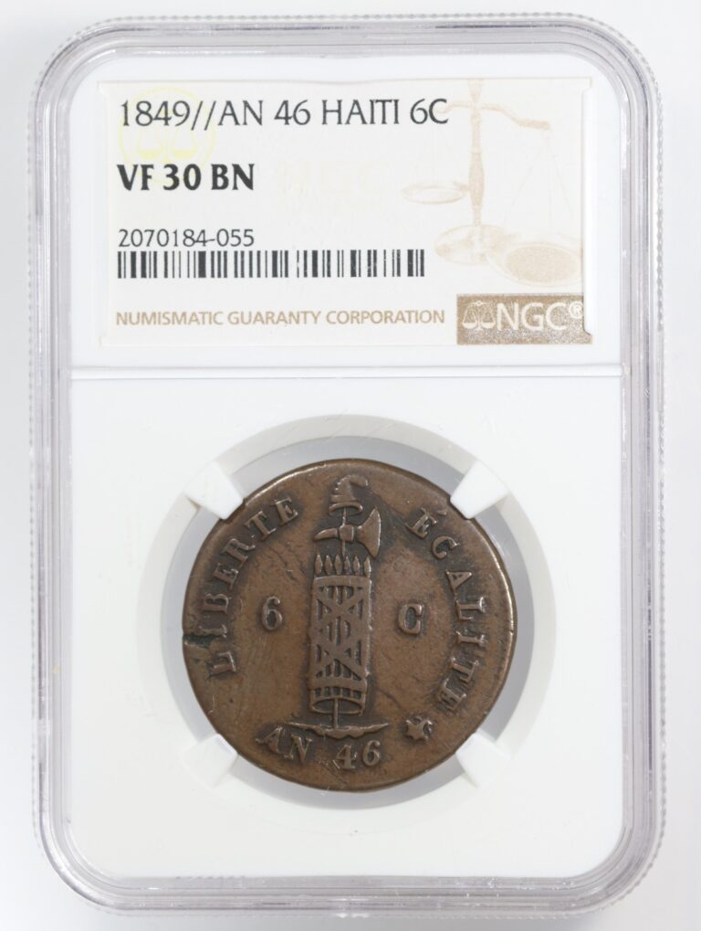 Read more about the article 1849 AN 46 Haiti 6 Centimes NGC VF30BN  – Scarce Coin