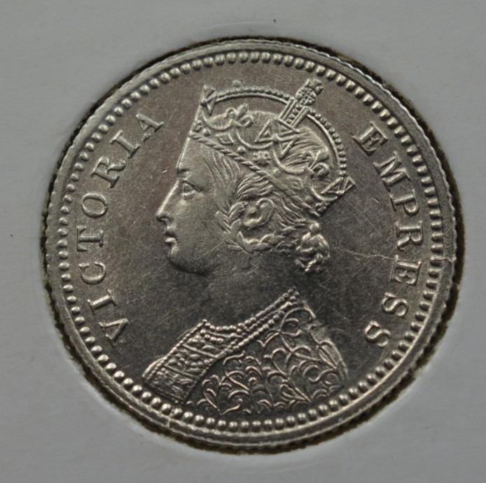 Read more about the article India British 1889-C 1/4 Rupee Incuse-“C”  SW-6.294 AU / UNC Scarce!