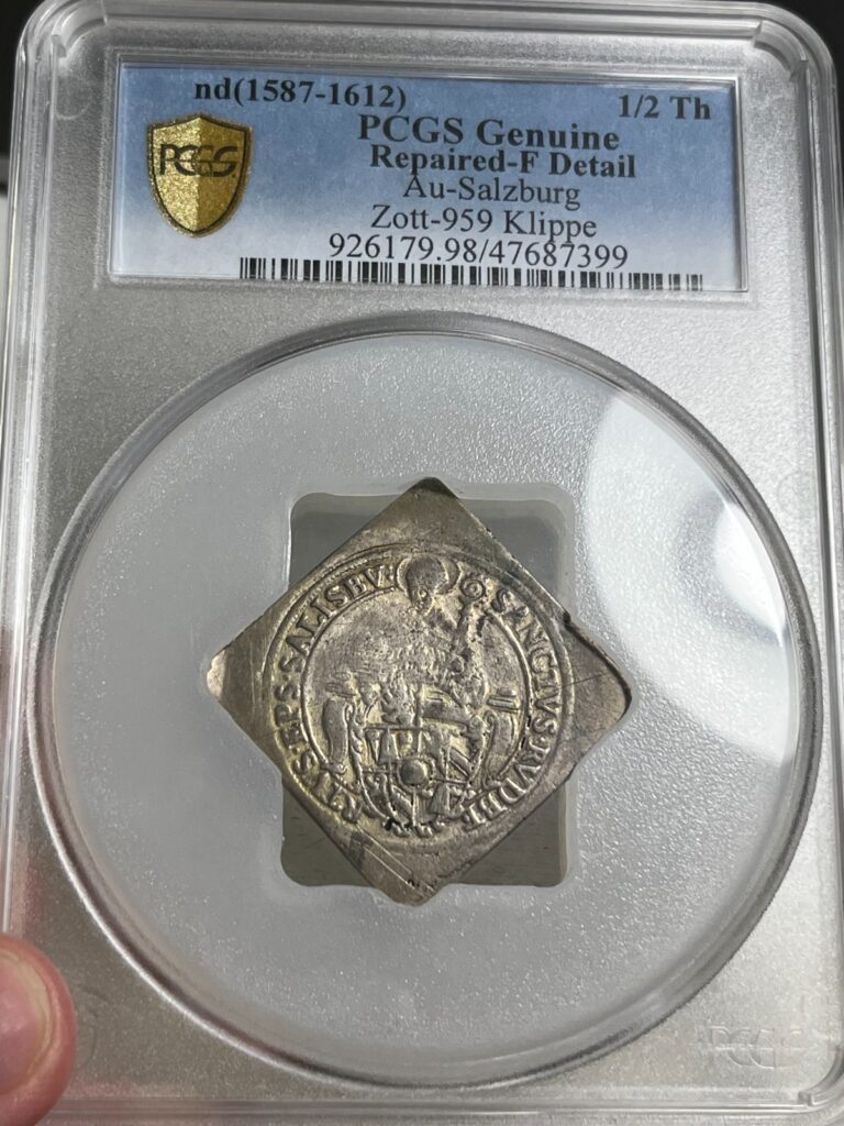 Read more about the article 1587-1612 Salzburg Klippe 1/2 Thaler – PCGS F Details – Oversized holder