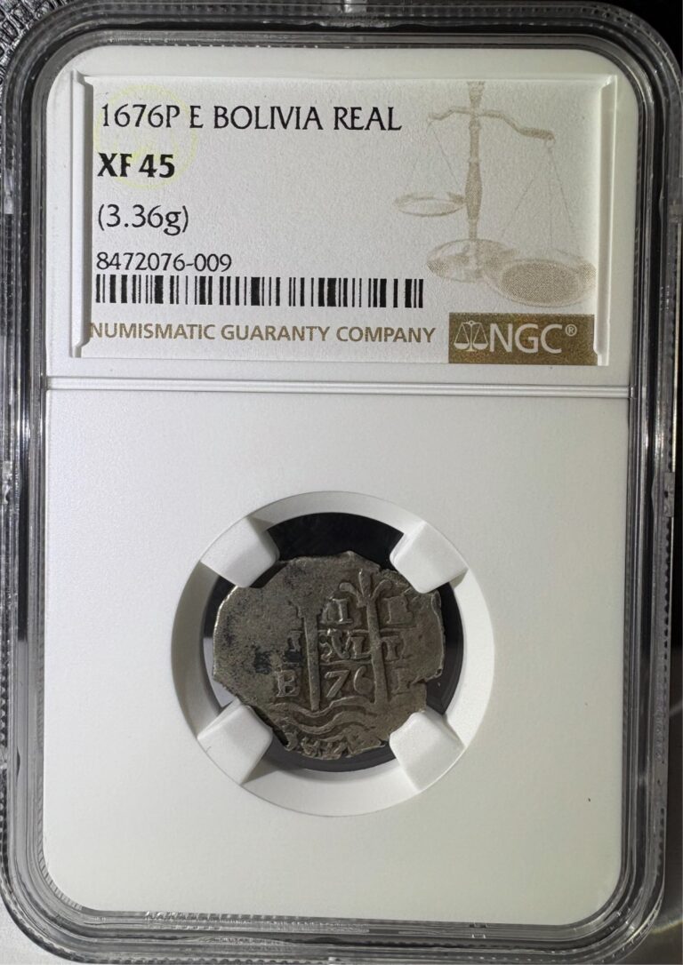 Read more about the article 1676P E Bolivia Silver Cob 1 Real 3.36g NGC XF45 (009)