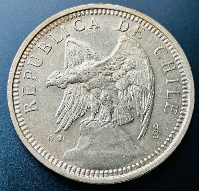 Read more about the article 1927 Chile  90% Silver  5 Pesos  Almost Uncirculated  Great Detail  Some Toning