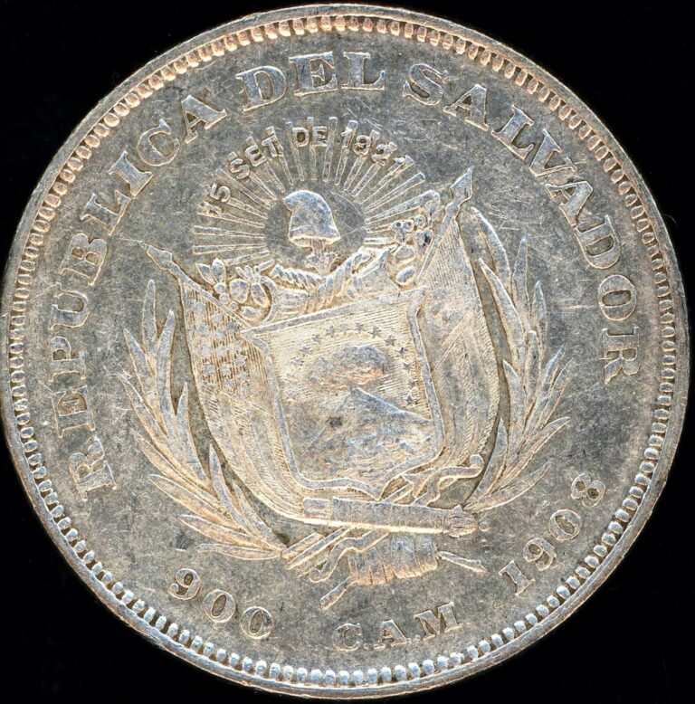 Read more about the article 1908 EL SALVADOR NICE EF/AU SILVER COIN #85859