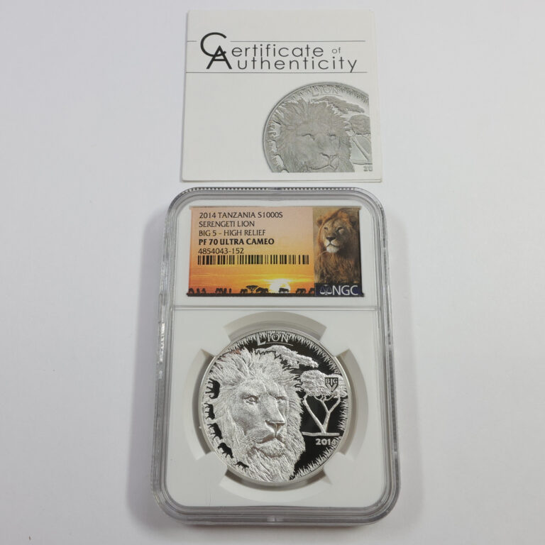 Read more about the article 2014 NGC PF70 PROOF High Tanzania 1 oz Silver Serengeti Lion BIG 5 Coin #56225P