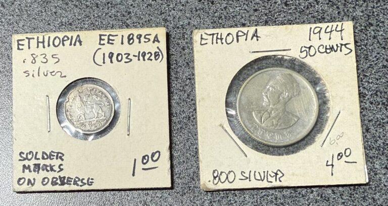Read more about the article Ethiopia Lot of 2 Silver Coins 1903-1944 Soldier Marks on Obverse PLEASE READ
