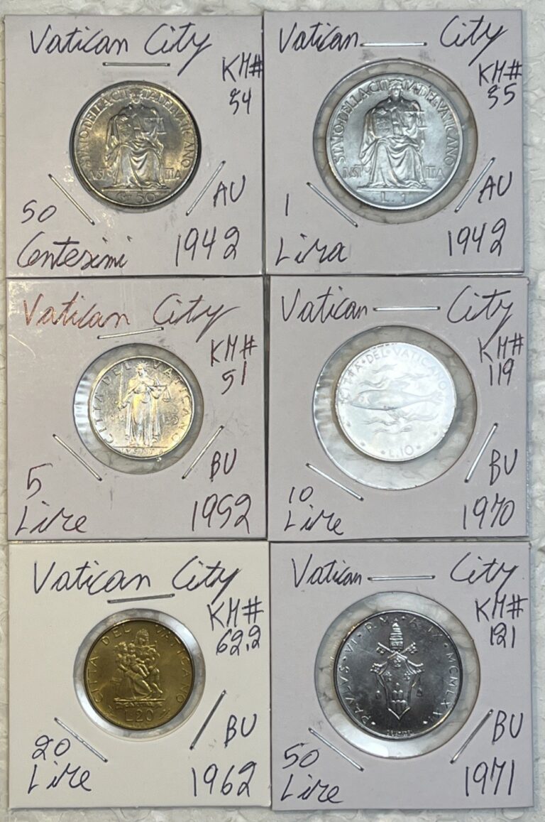 Read more about the article 1942 -1971 Vatican City 50 Centesimi to 50 Lire AU – BU 6 Coin Lot Low Mintages