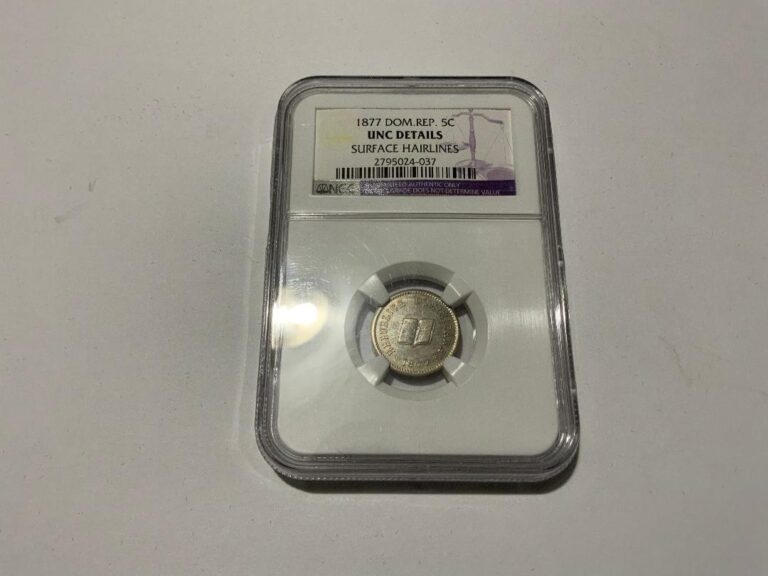 Read more about the article 1877  NGC UNC Details  Dominican Republic 5 Centavos .