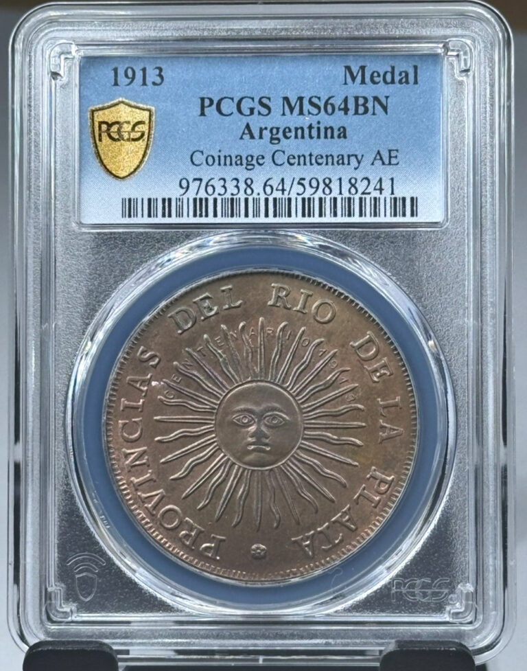 Read more about the article 1913 Argentina SUNFACE CENTENARIO Medal  Coinage Centenary AE  KM 5  MS 64 BN