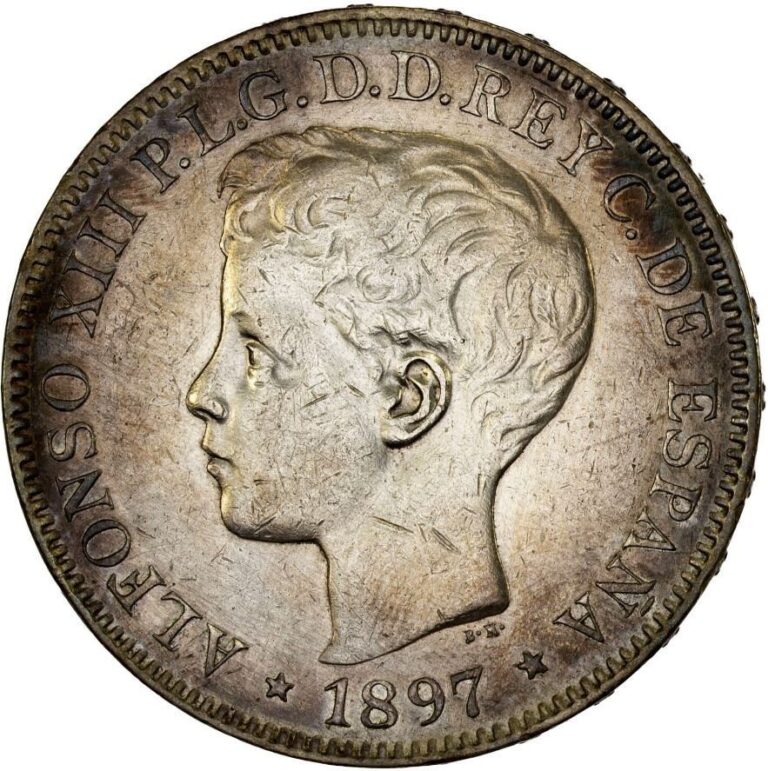 Read more about the article PHILIPPINES SPANISH COLONIAL 1897 SGV SILVER PESO ALFONSO XIII KM-154 XF/AU