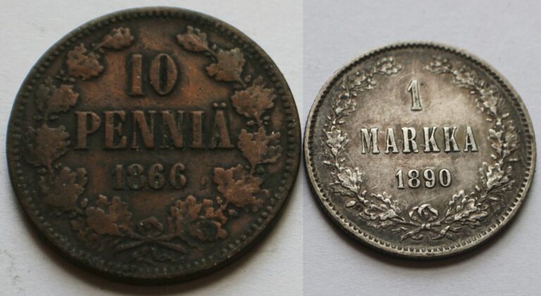 Read more about the article Finland 1866 10 Pennia +  Silver 1890 1 Markka  Two Finnish coins