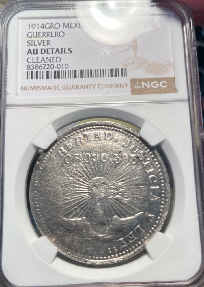 Read more about the article 1914 GRO Mexico Guerrero Silver 2 Pesos 2P  NGC AU details freshly graded