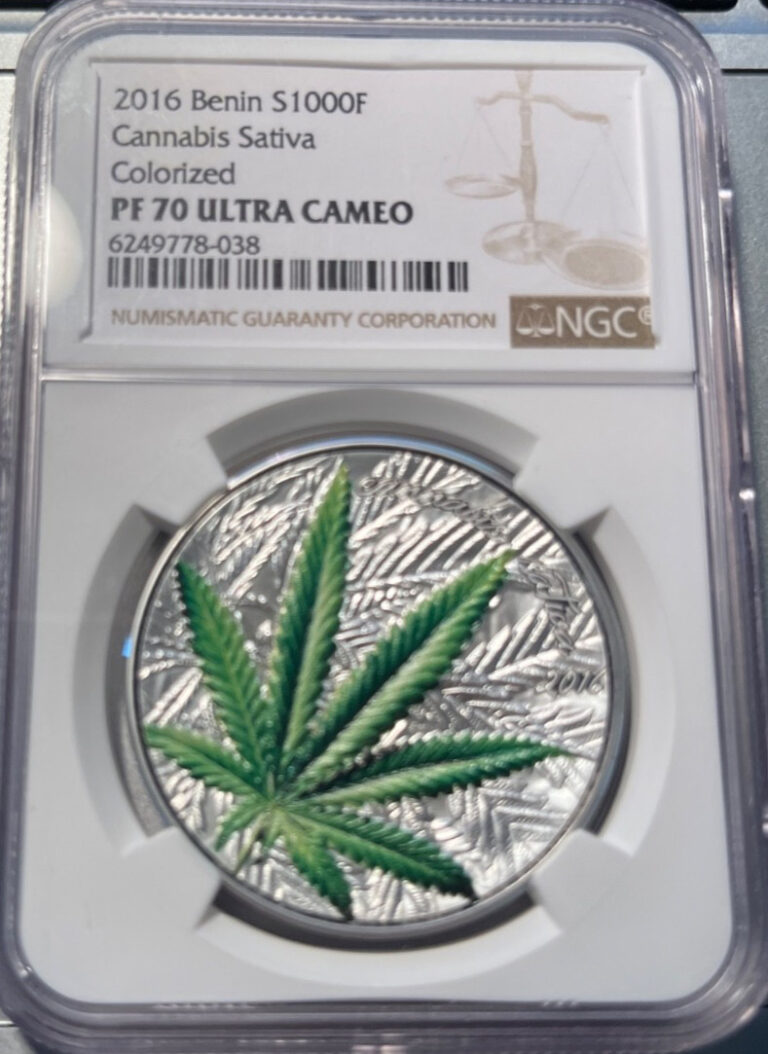 Read more about the article 2016 Benin Cannabis Sativa Colorized 1 oz Silver 1000F NGC PF 70