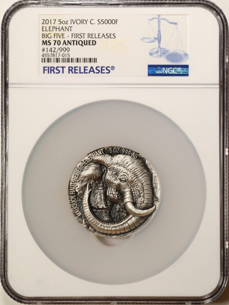 Read more about the article Ivory Coast 2017 5oz Elephant African Big Five MS70 Antiqued NGC 4557817-015