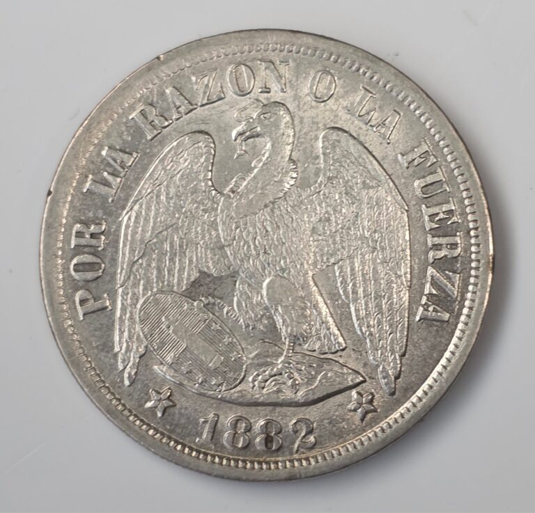 Read more about the article 1882 Republic of Chile Condor w/ Shield Silver Peso Un Peso Silver Coin