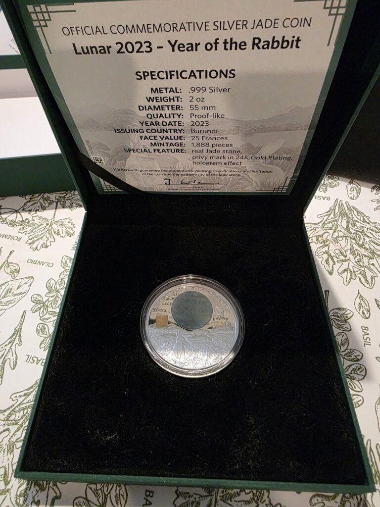 Read more about the article Year of the Rabbit Jade 2 oz Proof Silver Coin 25 Francs 2023
