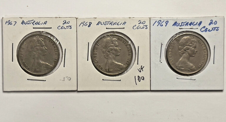 Read more about the article Lot of 3x Australian 20 Cent Coins – 1967  1968  1969 – Extra Fine – KM# 66