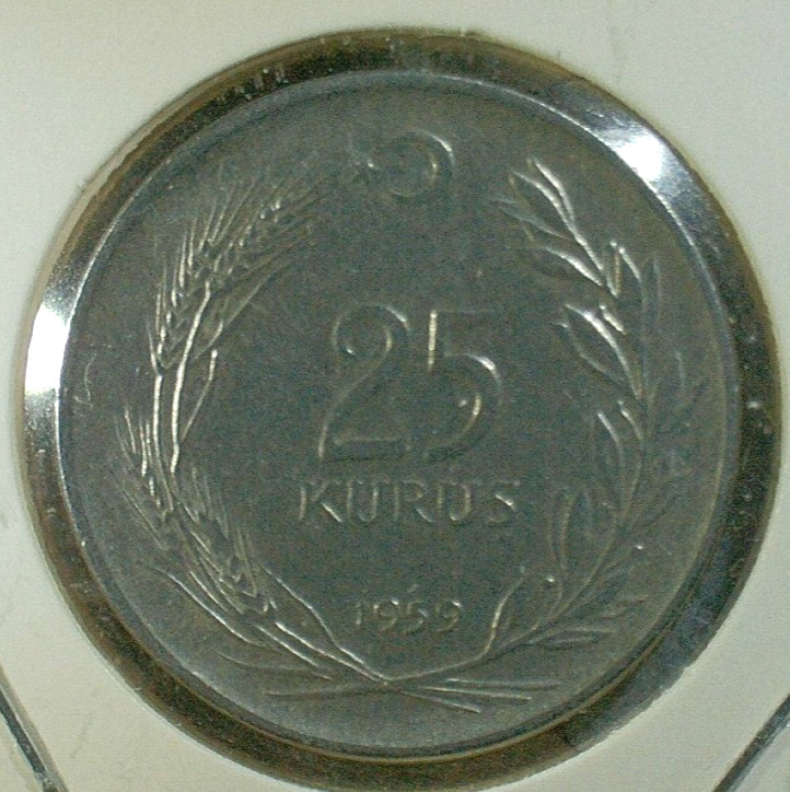 Read more about the article WORLD COIN SALE: 1959 TURKEY  25 KURUS-STAINLESS STEEL COIN  KM# 892.1