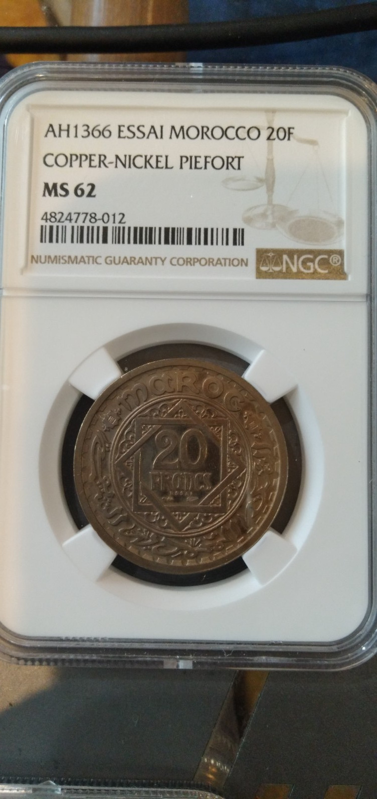Read more about the article Morocco AH1366 ESSAI 20F “PIEFORT” copper-nickel coin NGC MS 63 Low Mintage(104)