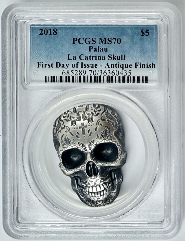 Read more about the article 2018 Palau La Catrina Day of the Dead Skull Silver Coin PCGS MS 70 FDOI Antiqued