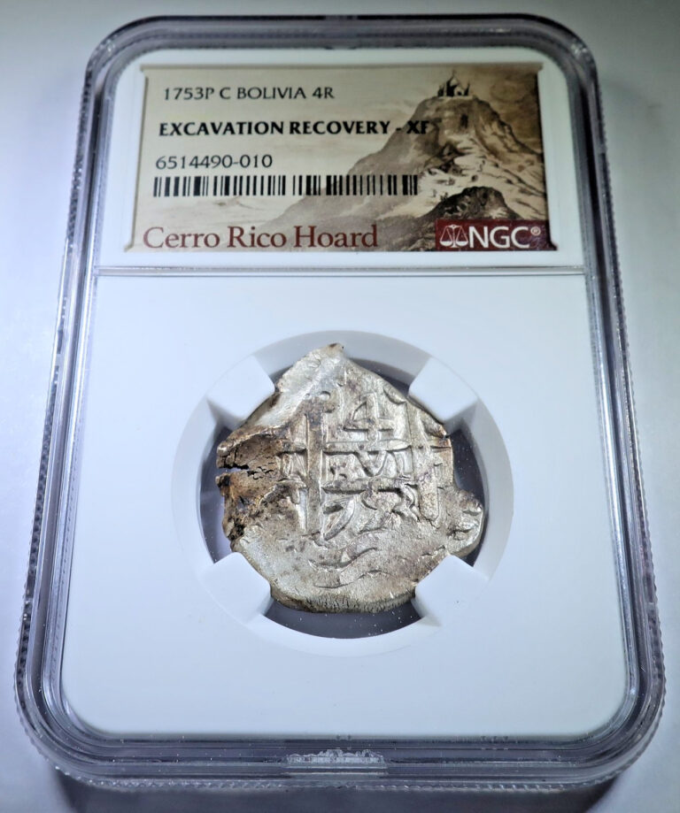 Read more about the article NGC XF Cerro Rico Hoard 1753 Spanish Bolivia 4 Reales Silver 1700’s Cob Coin