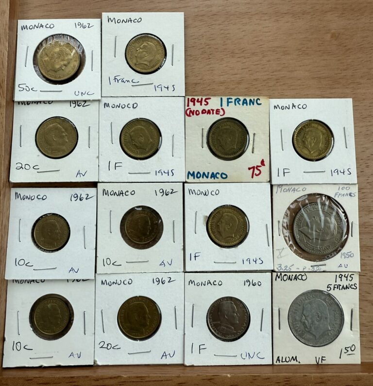 Read more about the article Monaco Coin Lot Francs Centimes 1945-1962 Very Nice Quality 14 Coins Lot #01669